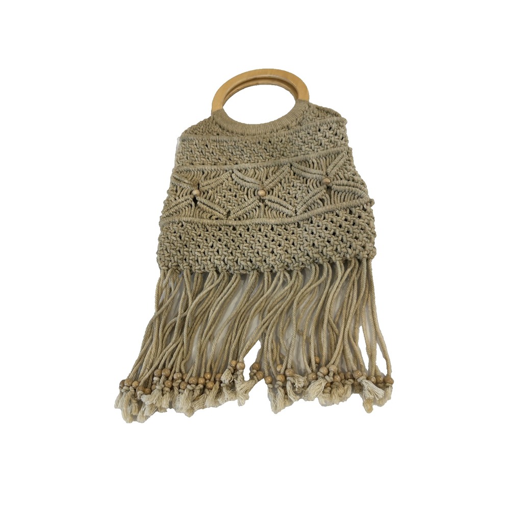 Chateau Macrame Fringe Tote Bag Women Small Tan Boho Woven Wooden Ring Handle